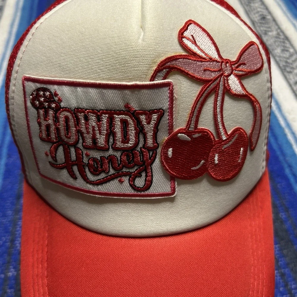 Howdy Honey Cherry Bow Trucker Hat Red White Mesh Snapback Western Cowgirl